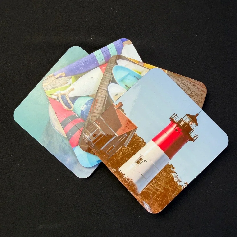 Nautical Cork Coasters Set 4 Lighthouse Seal Boat Buoy Coastal Beach House Decor